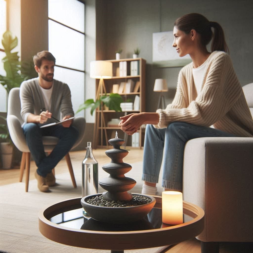 A serene therapy session focused on Dialectical-Behavioral Therapy (DBT) in a modern, comfortable room with soft lighting.